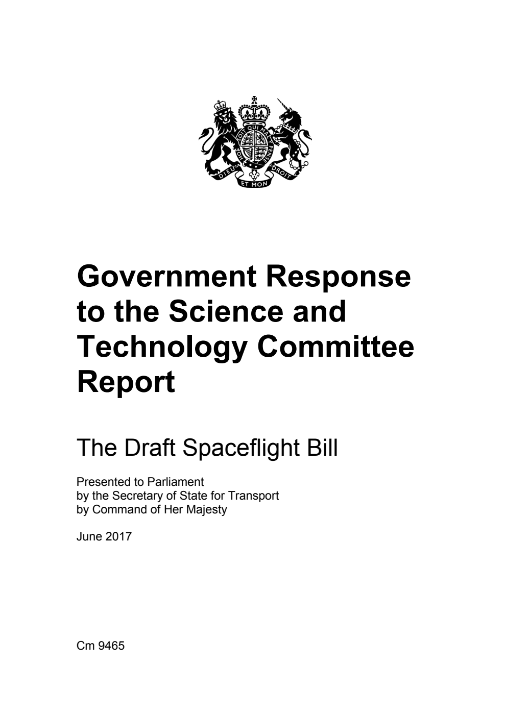 Government Response to the Science and Technology Committee Report 'The Draft Spaceflight Bill'