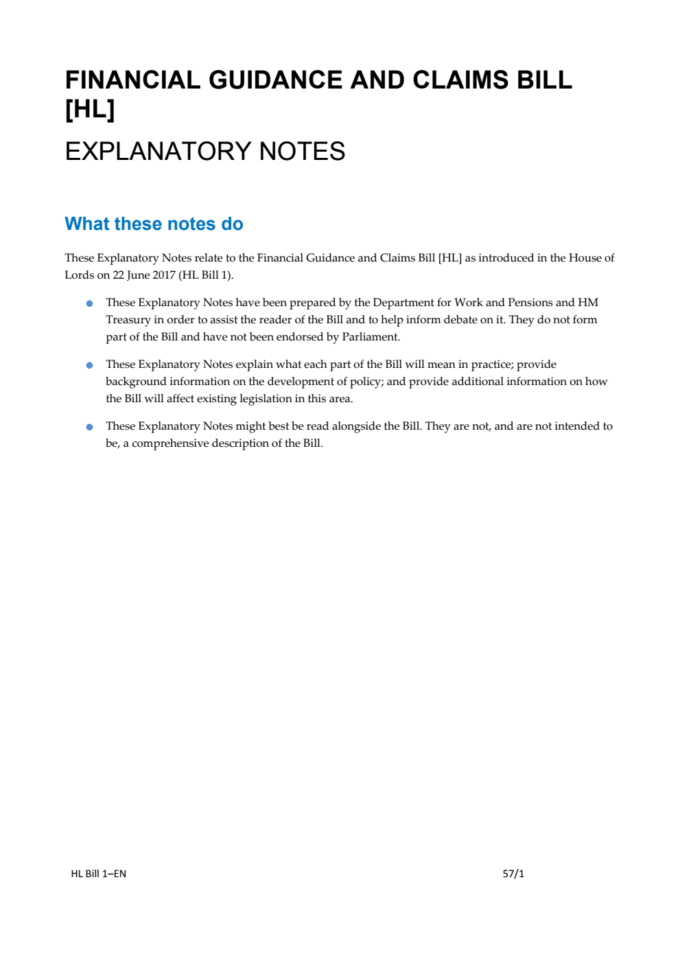 Financial Guidance and Claims Bill [HL] Explanatory Notes