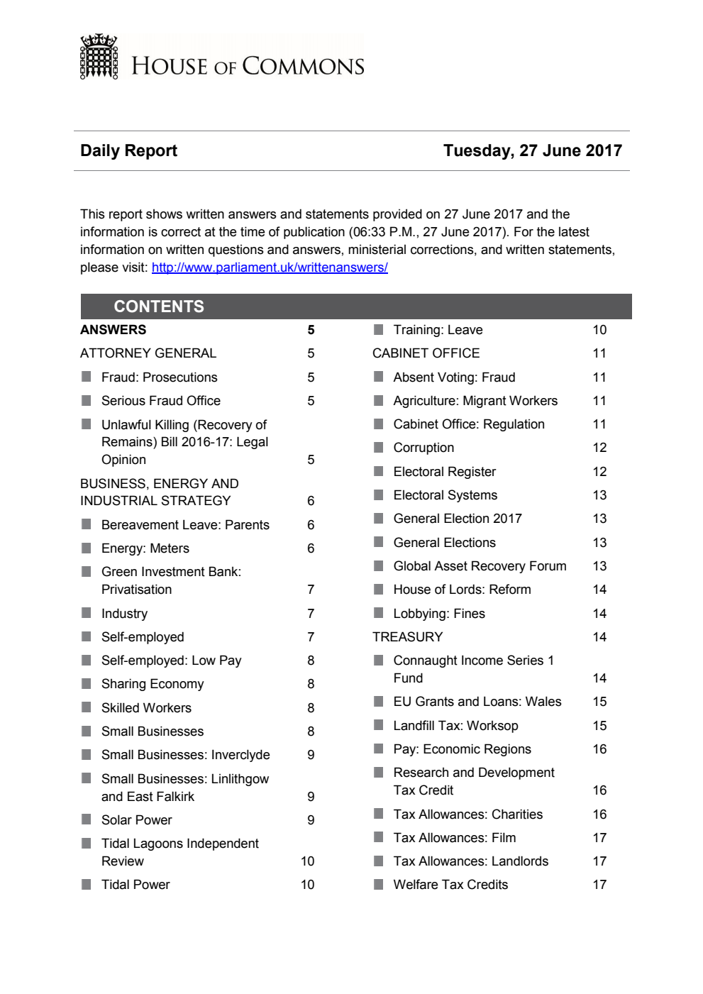 HOC Daily Report Written Answers 27.06.17