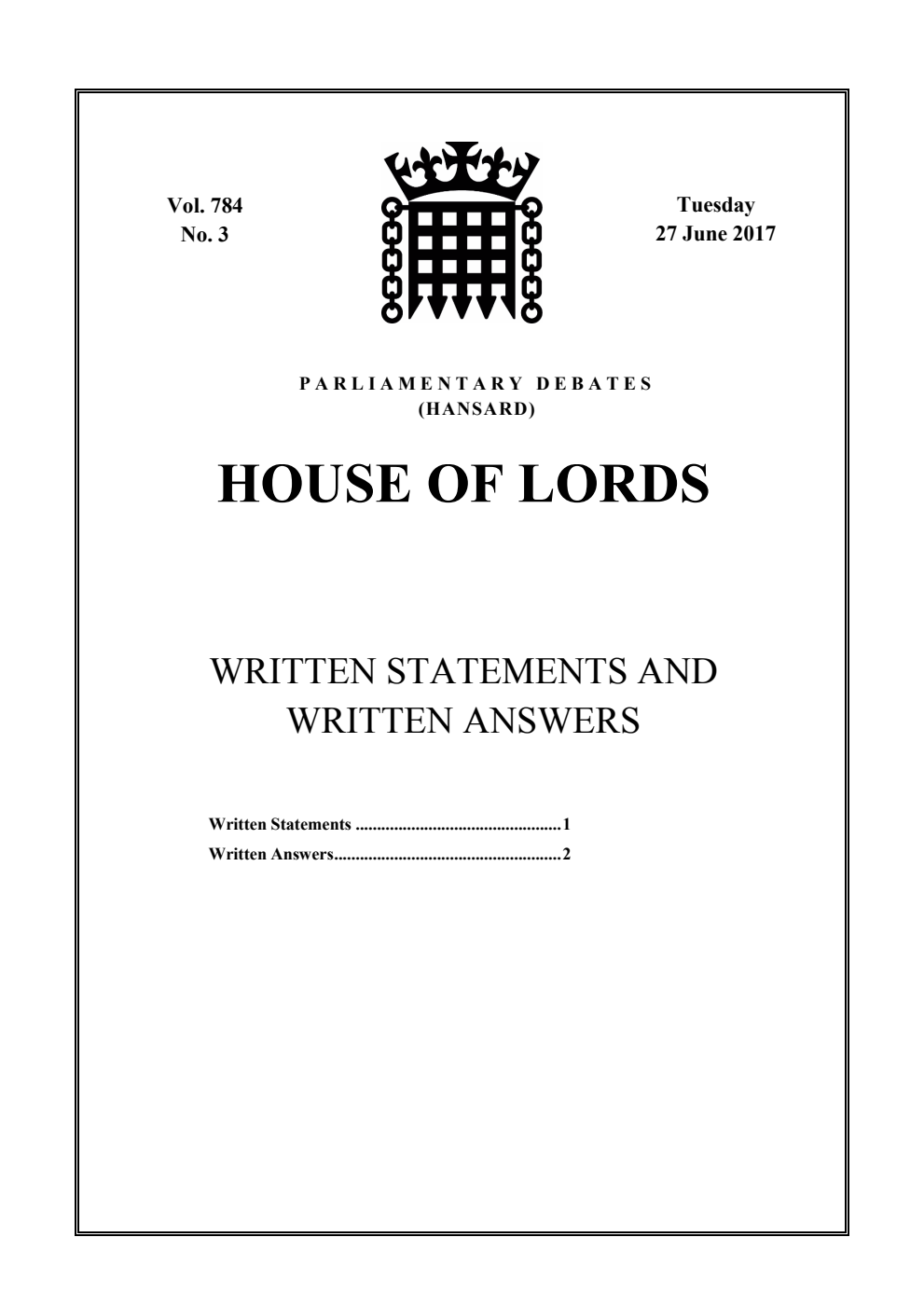 HOL Daily Report Written Statements and Answers 27.06.17