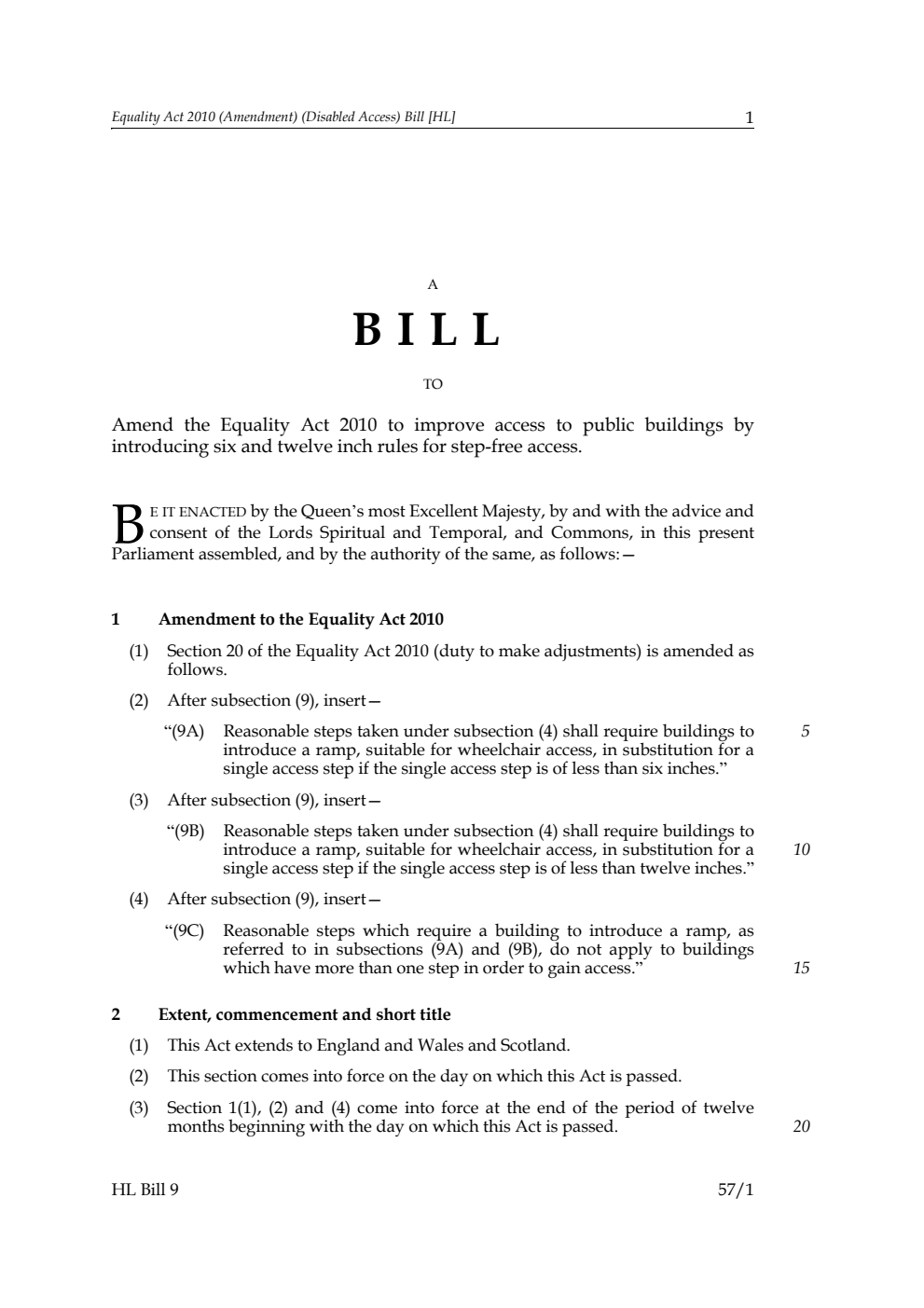 Equality Act 2010 (Amendment) (Disabled Access) Bill