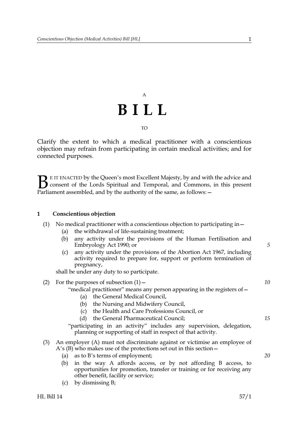 Conscientious Objection (Medical Activities) Bill