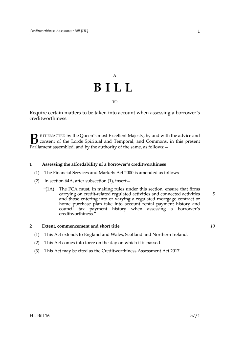Creditworthiness Assessment Bill
