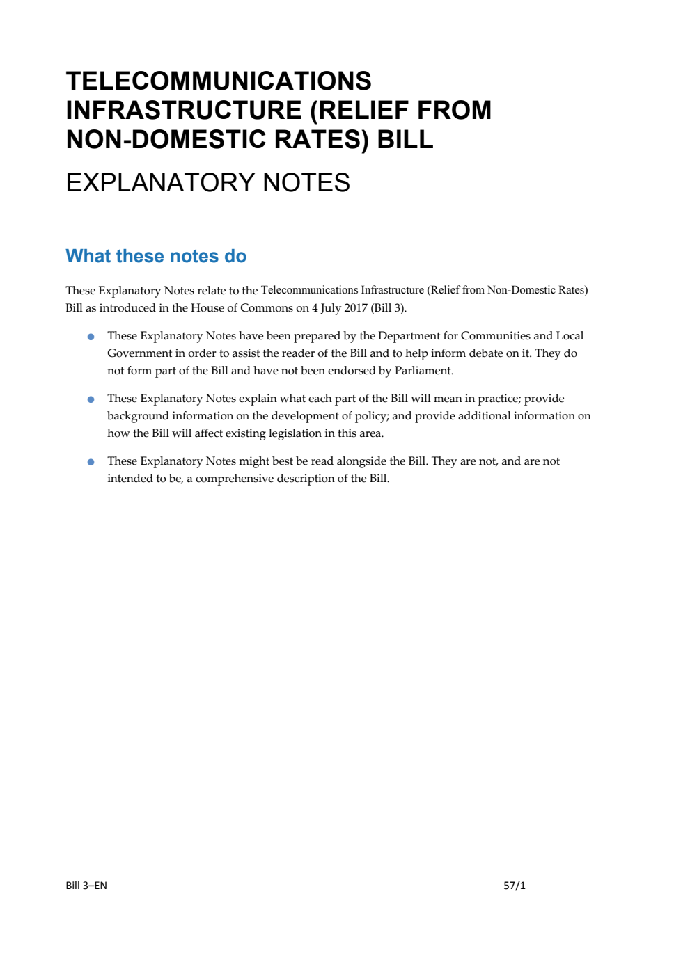 Telecommunications Infrastructure (Relief from Non-Domestic Rates) Bill Explanatory Notes