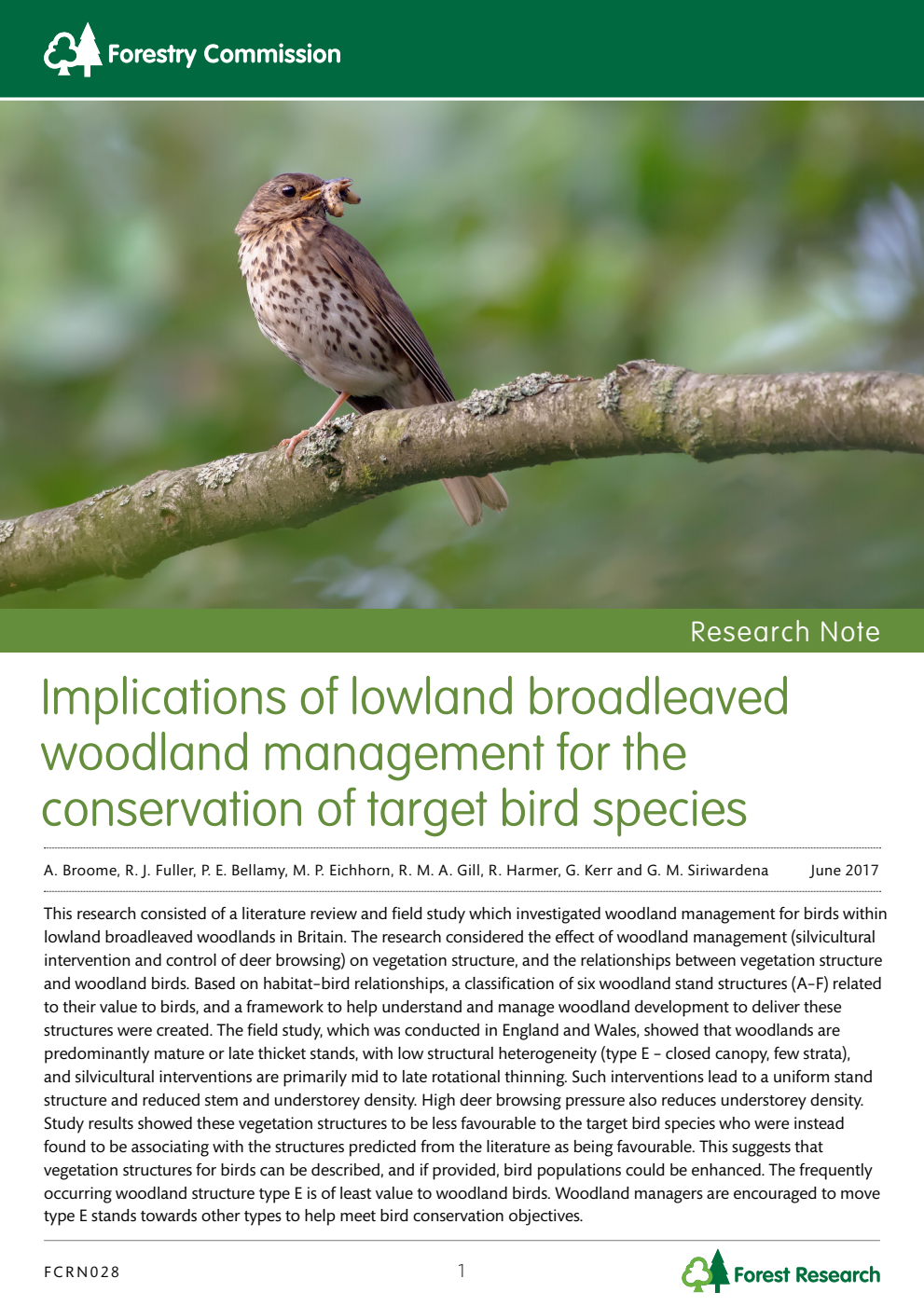 Forestry Commission Research Note 028 Implications of lowland broadleaved woodland management for the conservation of target bird species