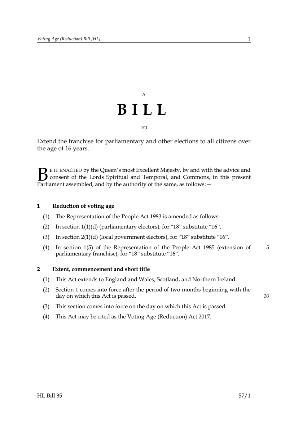 Voting Age (Reduction) Bill