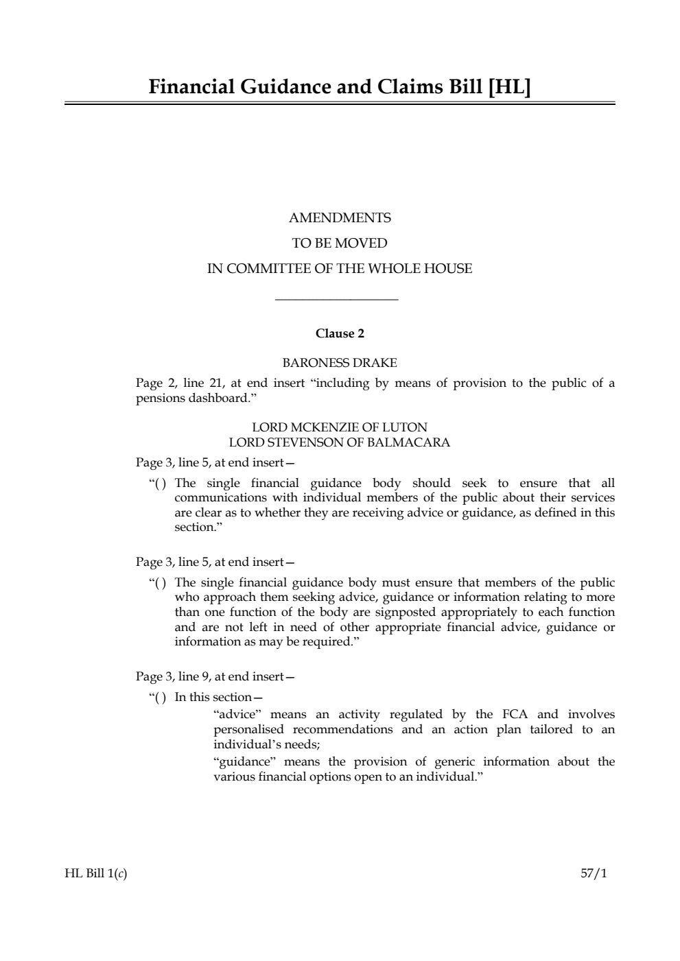 Financial Guidance and Claims Bill Lords Amendments