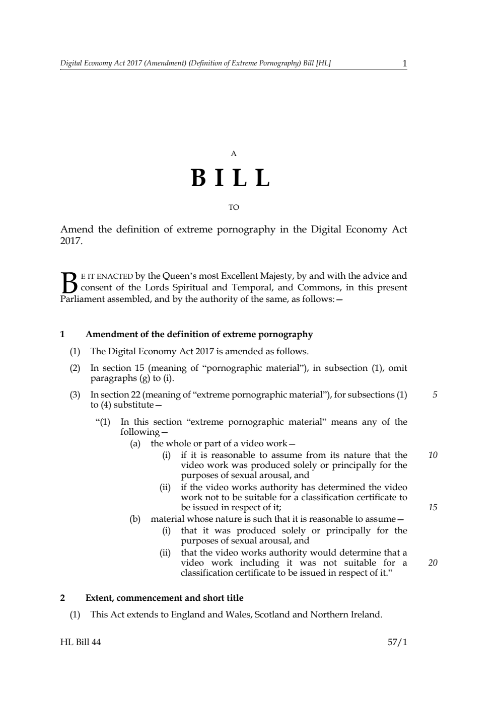 Digital Economy Act 2017 (Amendment) (Definition of Extreme Pornography) Bill