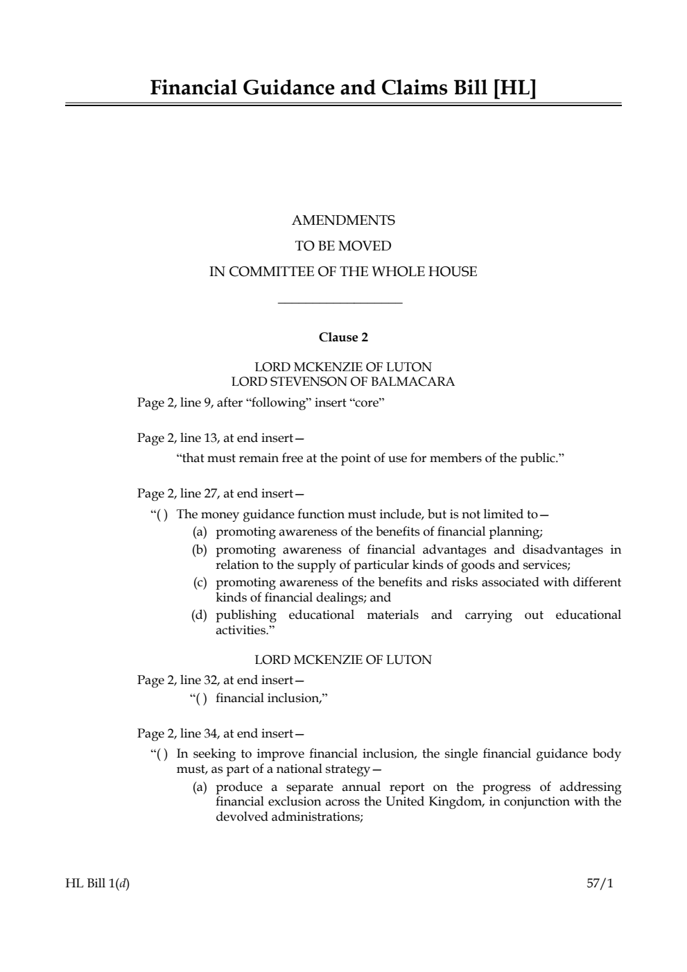 Financial Guidance and Claims Bill Lords Amendments