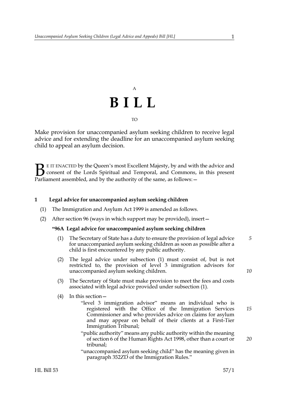 Unaccompanied Asylum Seeking Children (Legal Advice and Appeals) Bill
