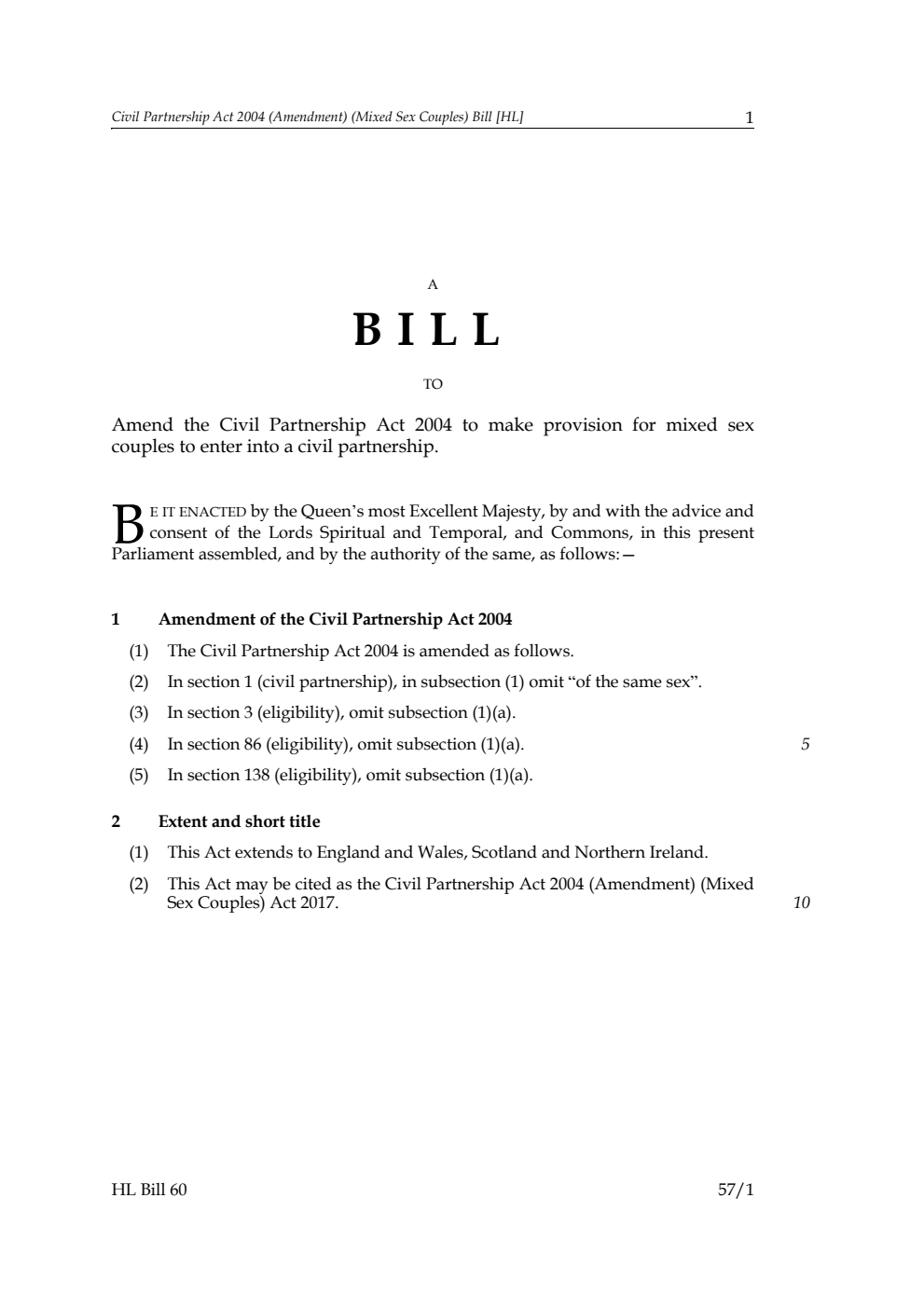 Civil Partnership Act 2004 (Amendment) (Mixed Sex Couples) Bill
