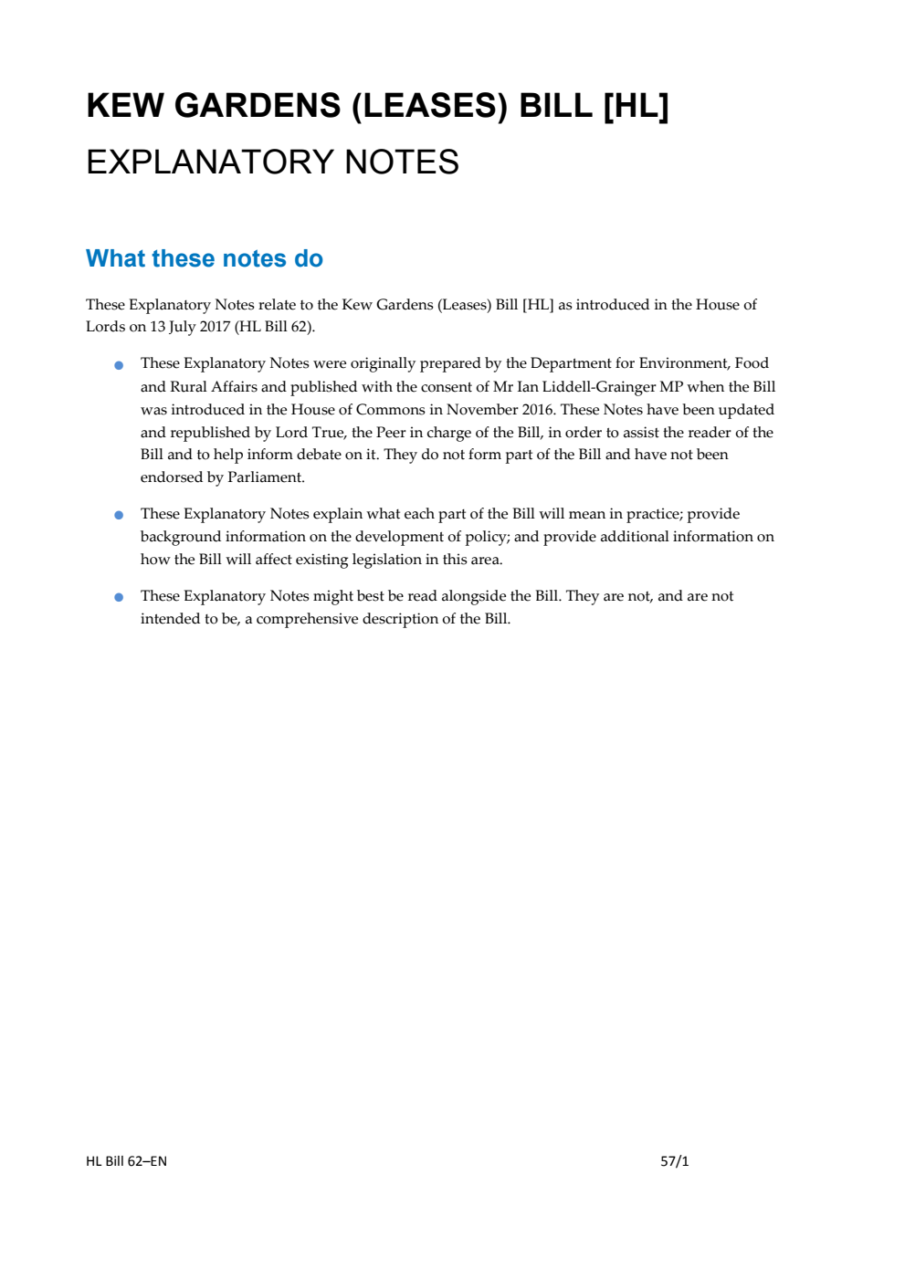 Kew Gardens (Leases) Bill Explanatory Notes