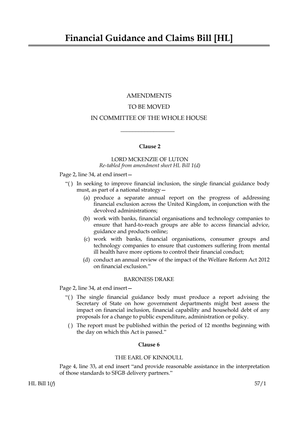 Financial Guidance and Claims Bill Lords Amendments