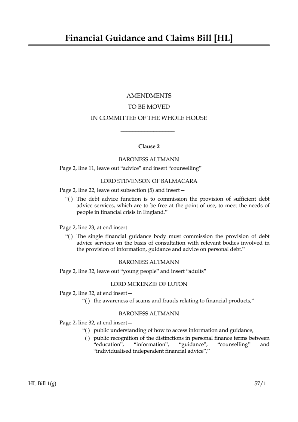Financial Guidance and Claims Bill Lords Amendments