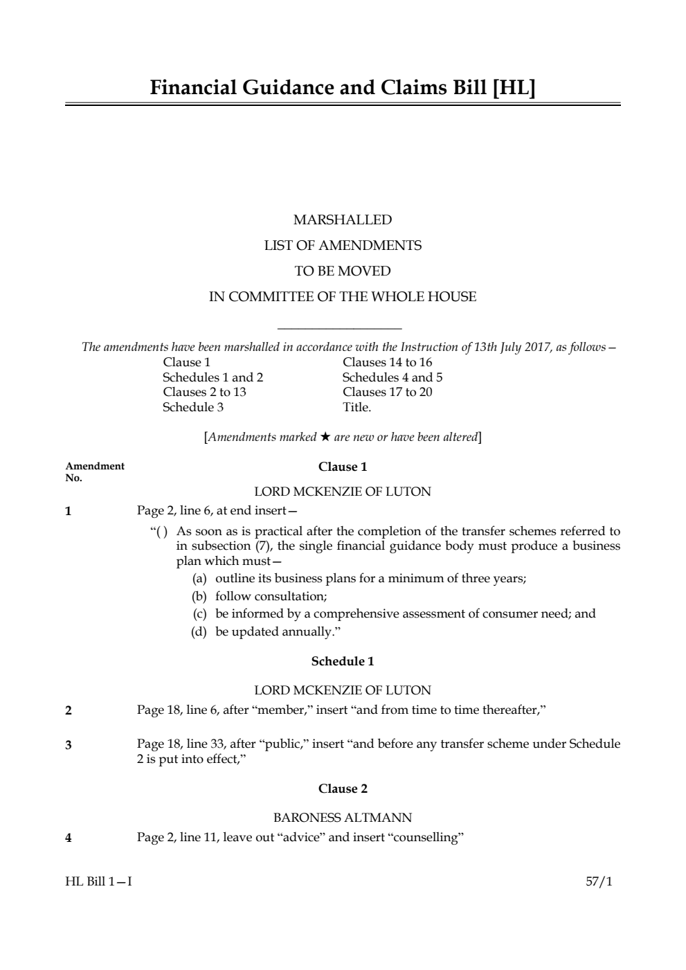 Financial Guidance and Claims Bill Lords Amendments 1st Marshalled List