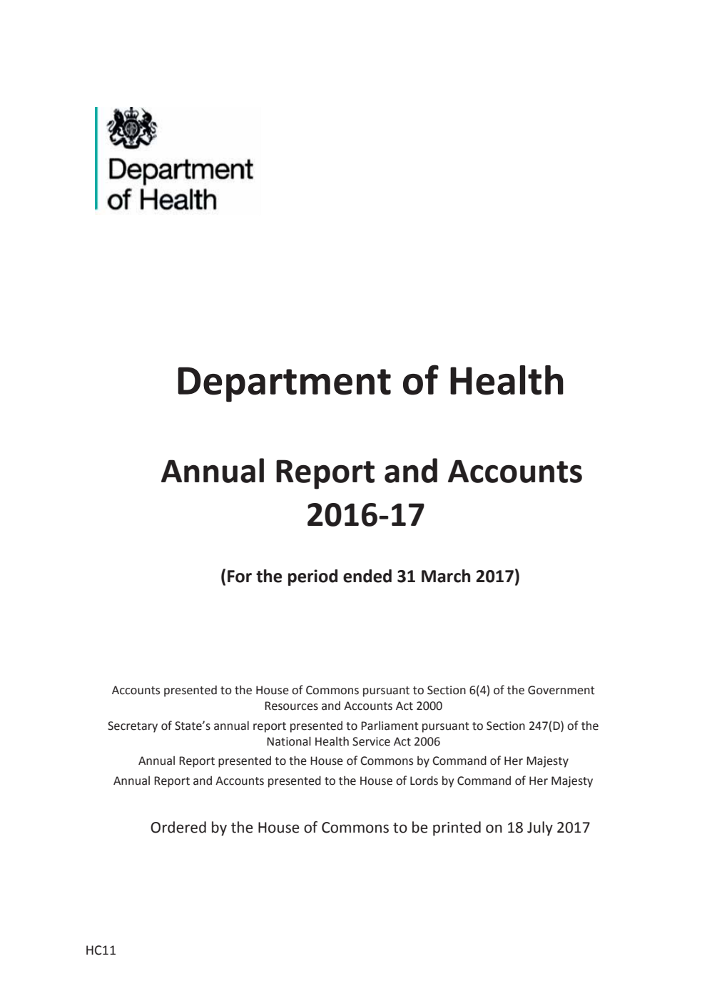 Department of Health Annual Report and Accounts 2016-17 (For the period ended 31 March 2017)