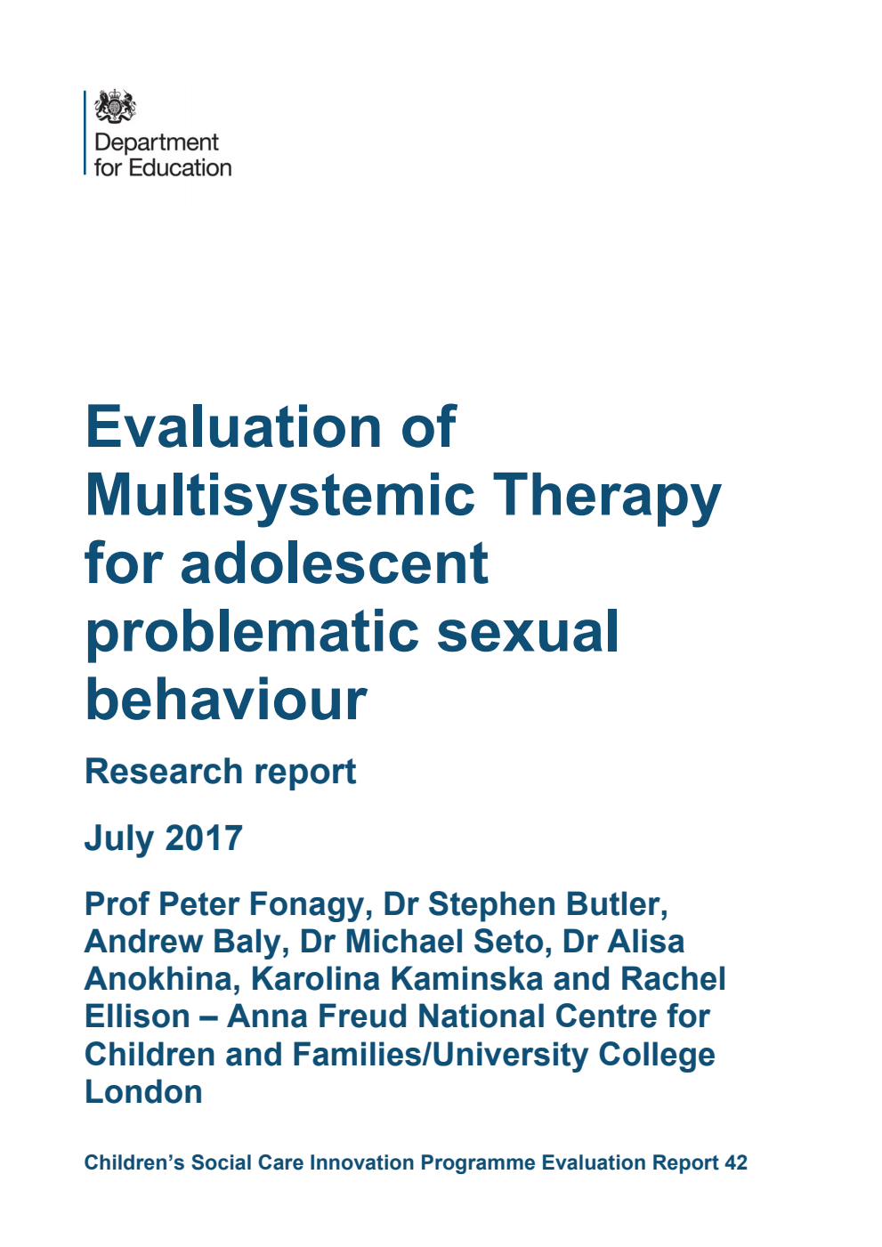 DFE-RR593 Evaluation of Multisystemic Therapy for adolescent problematic sexual behaviour