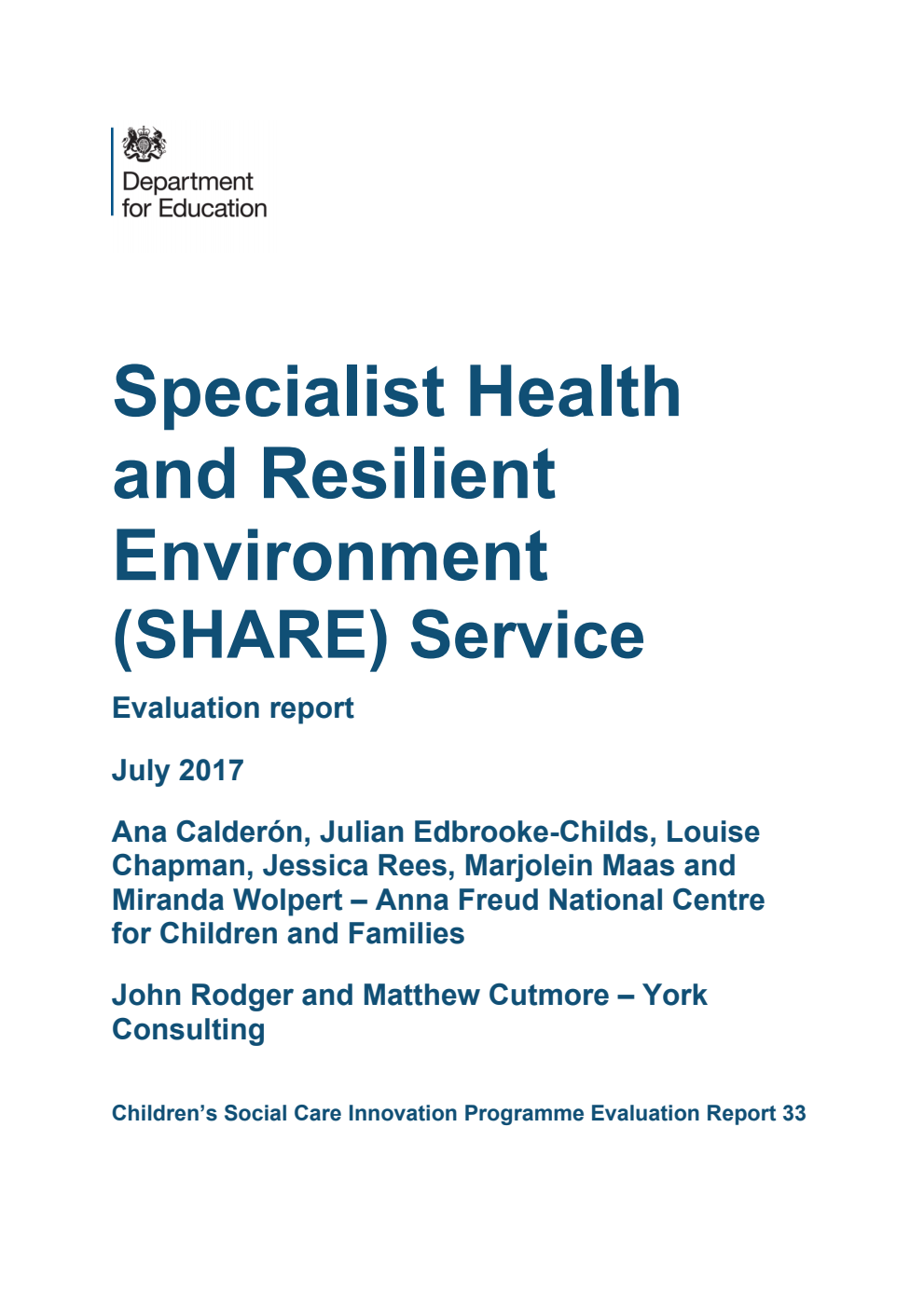 DFE-RR603 Specialist Health and Resilient Environment (SHARE) Service