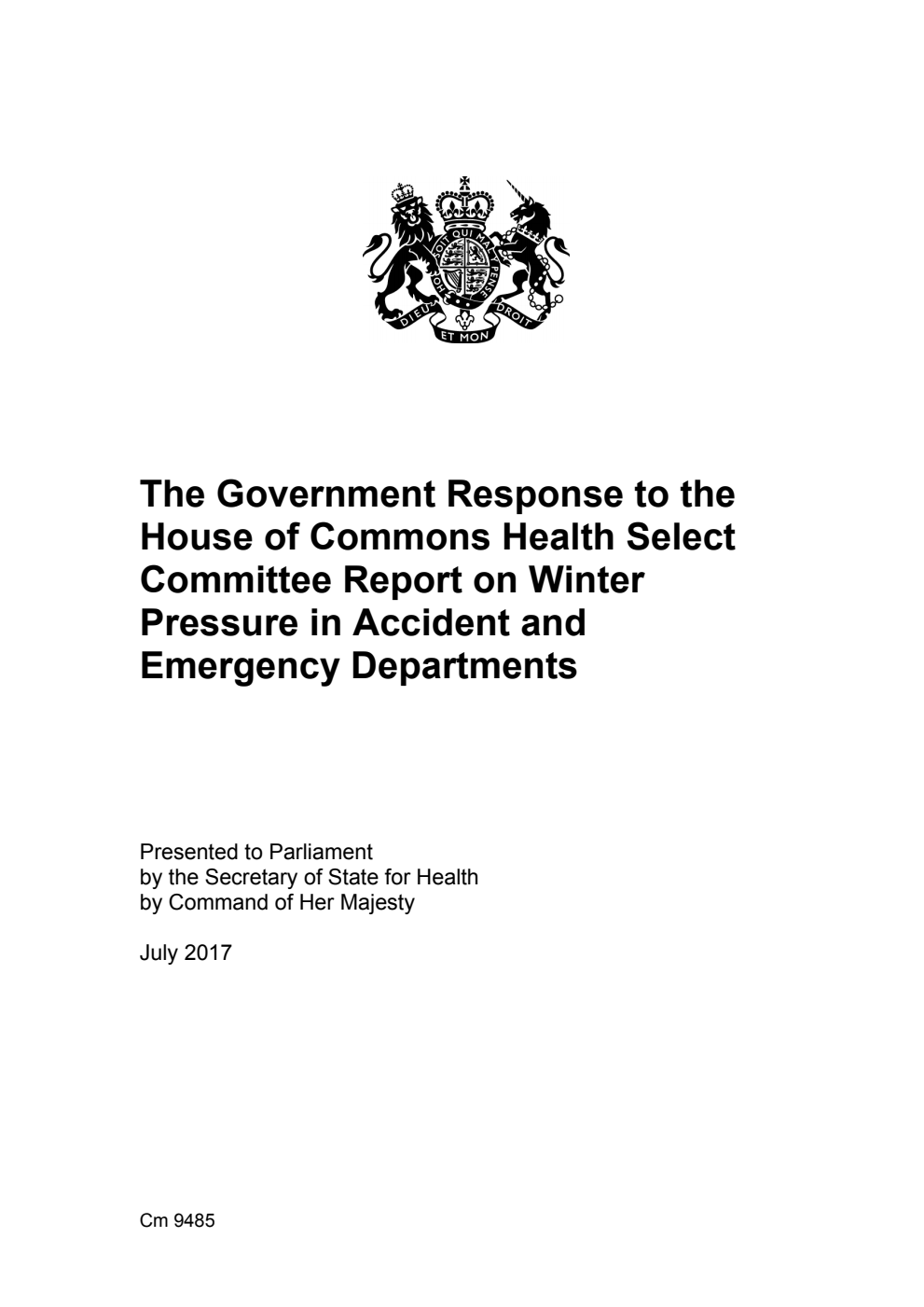 The Government Response to the House of Commons Health Select Committee Report on Winter Pressure in Accident and Emergency Departments