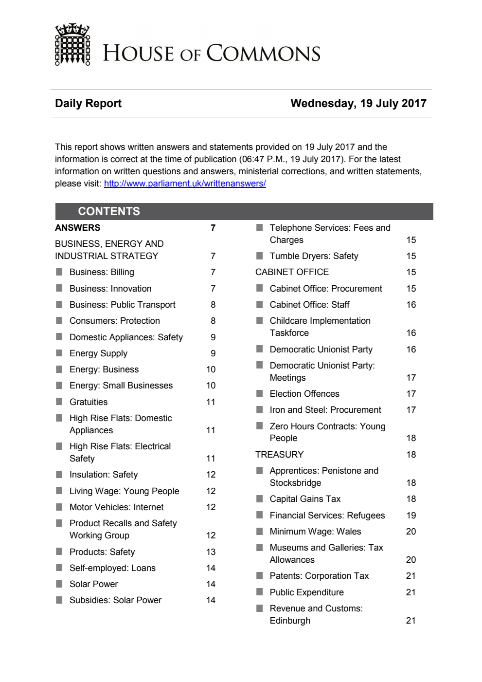 HOC Daily Report Written Answers 19.07.17