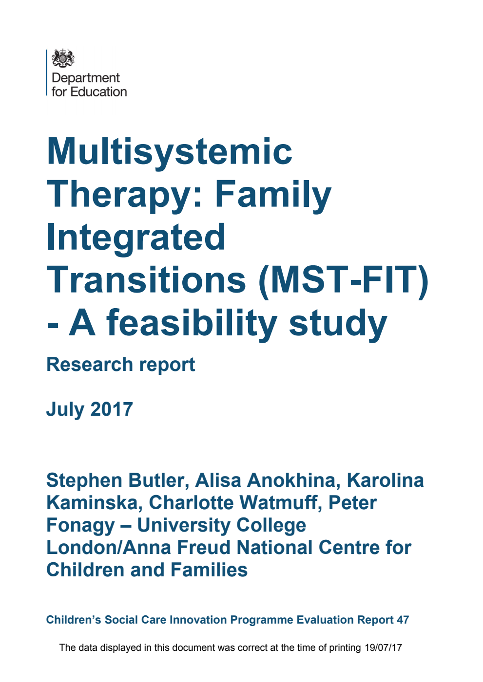 DFE-RR592 Multisystemic Therapy: Family Integrated Transitions (MST-FIT) - A feasibility study