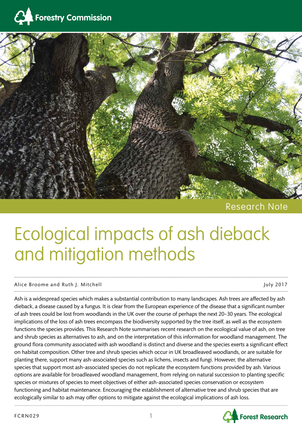 Forestry Commission Research Note 029 Ecological impacts of ash dieback and mitigation methods