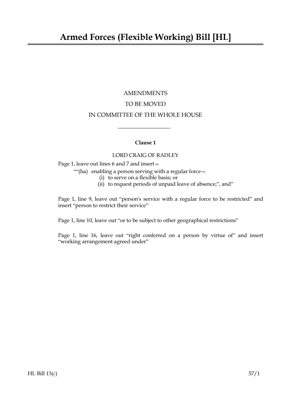 Armed Forces (Flexible Working) Bill Lords Amendments