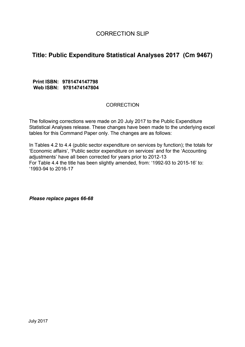 Public Expenditure Statistical Analyses 2017  Correction Slip, July 2017