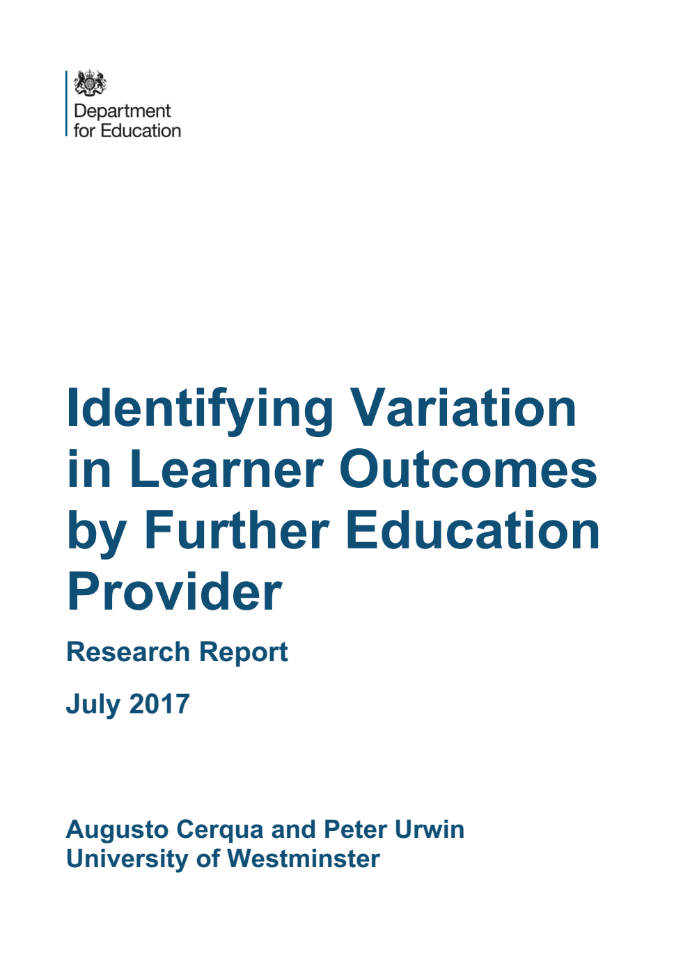 DFE-RR656 Identifying Variation in Learner Outcomes by Further Education Provider