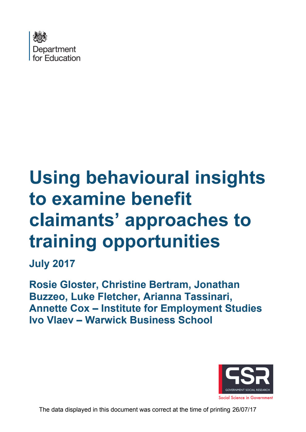 DFE-RR723 Using behavioural insights to examine benefit claimants’ approaches to training opportunities