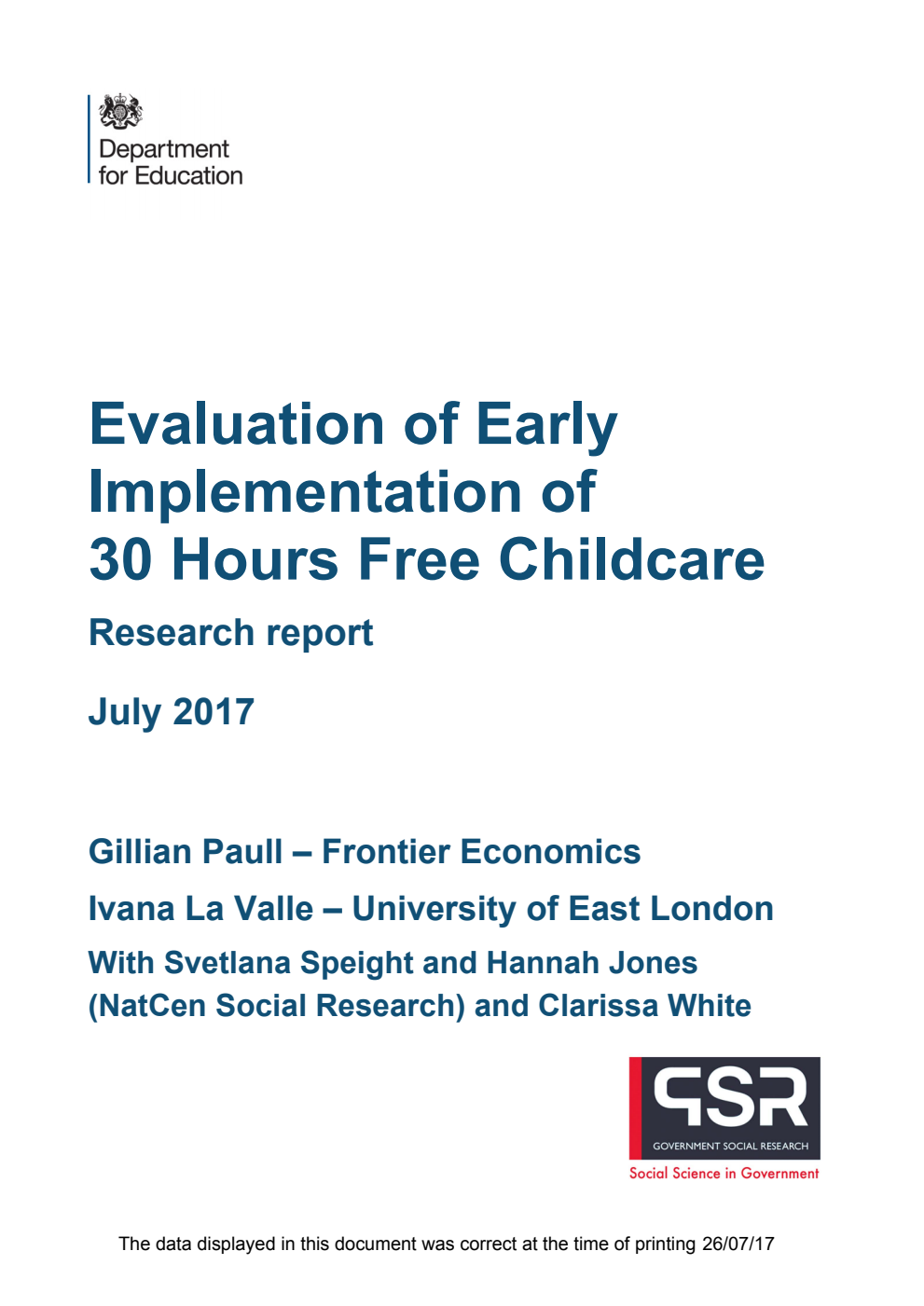 DFE-RR708 Evaluation of Early Implementation of 30 Hours Free Childcare