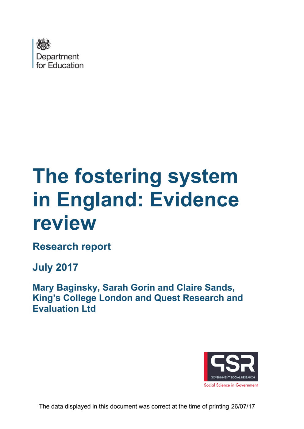 DFE-RR679 The fostering system in England: Evidence review