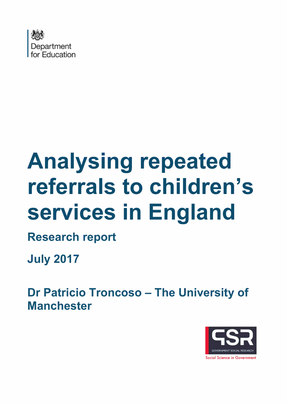 DFE-RR719 Analysing repeated referrals to children’s services in England