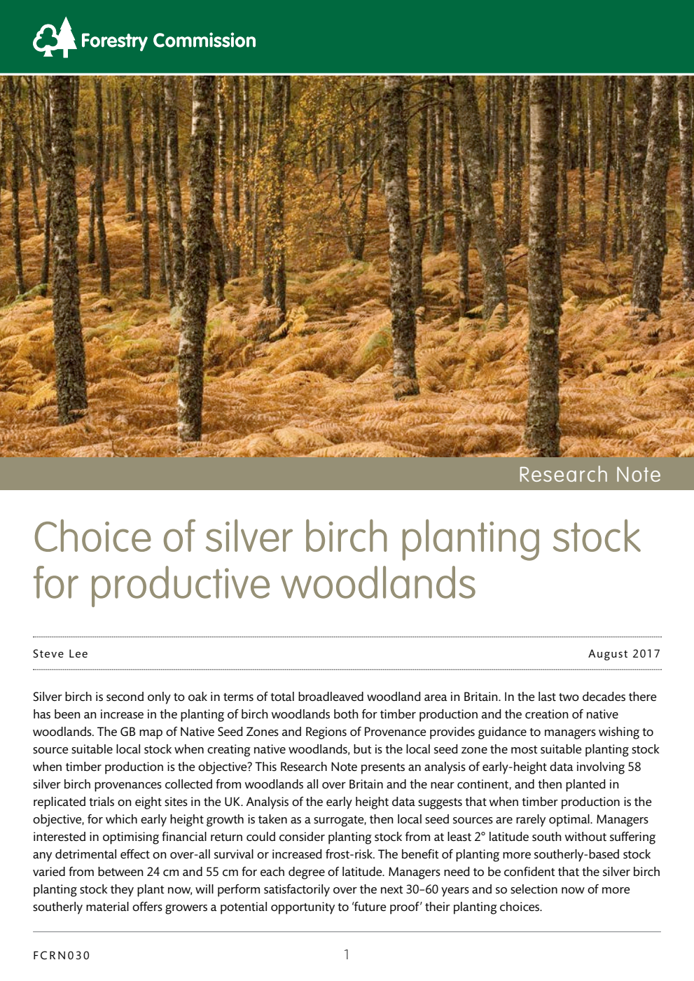 Forestry Commission Research Note 030 Choice of silver birch planting stock for productive woodlands