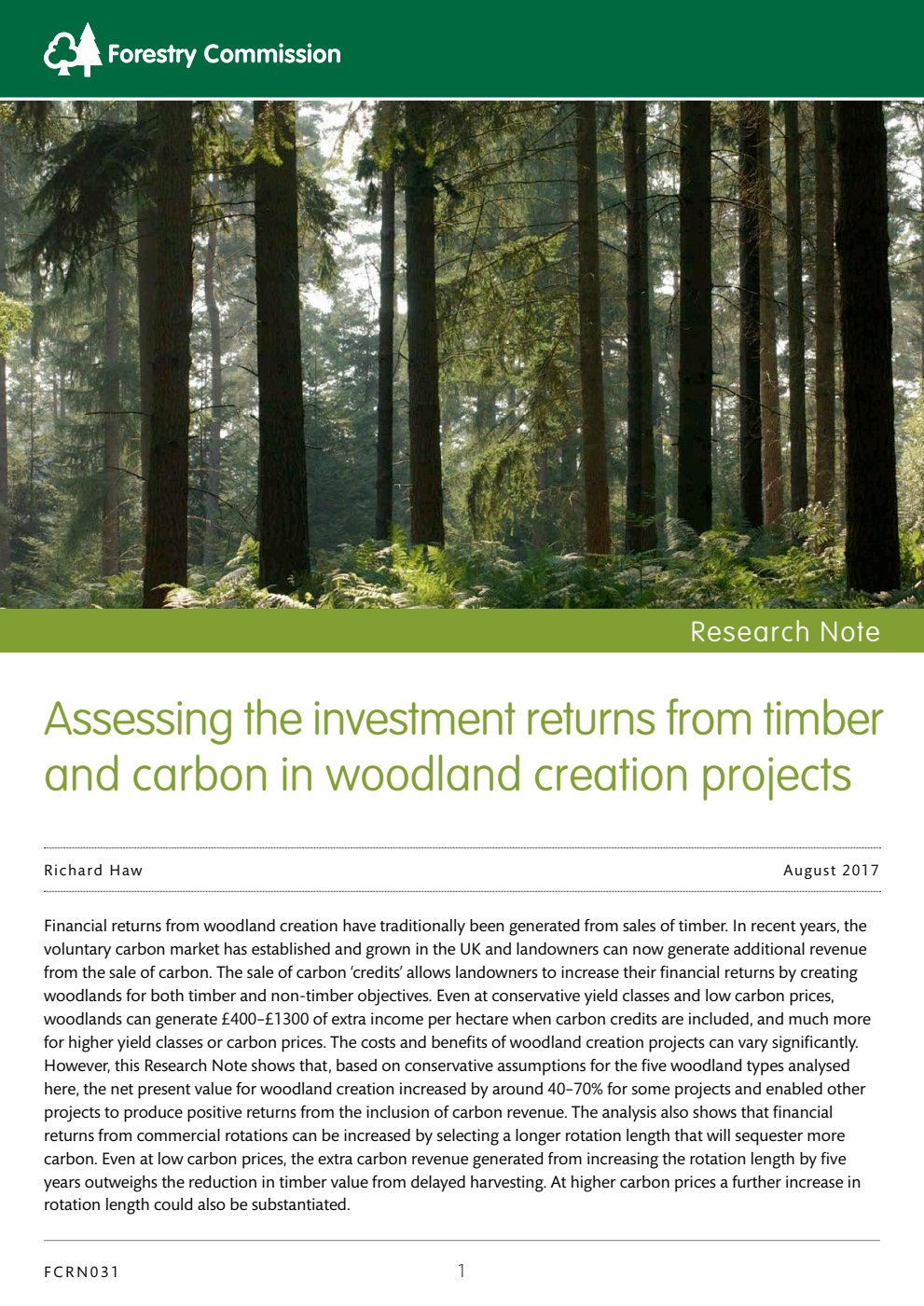 Forestry Commission Research Note 031 Assessing the investment returns from timber and carbon in woodland creation projects