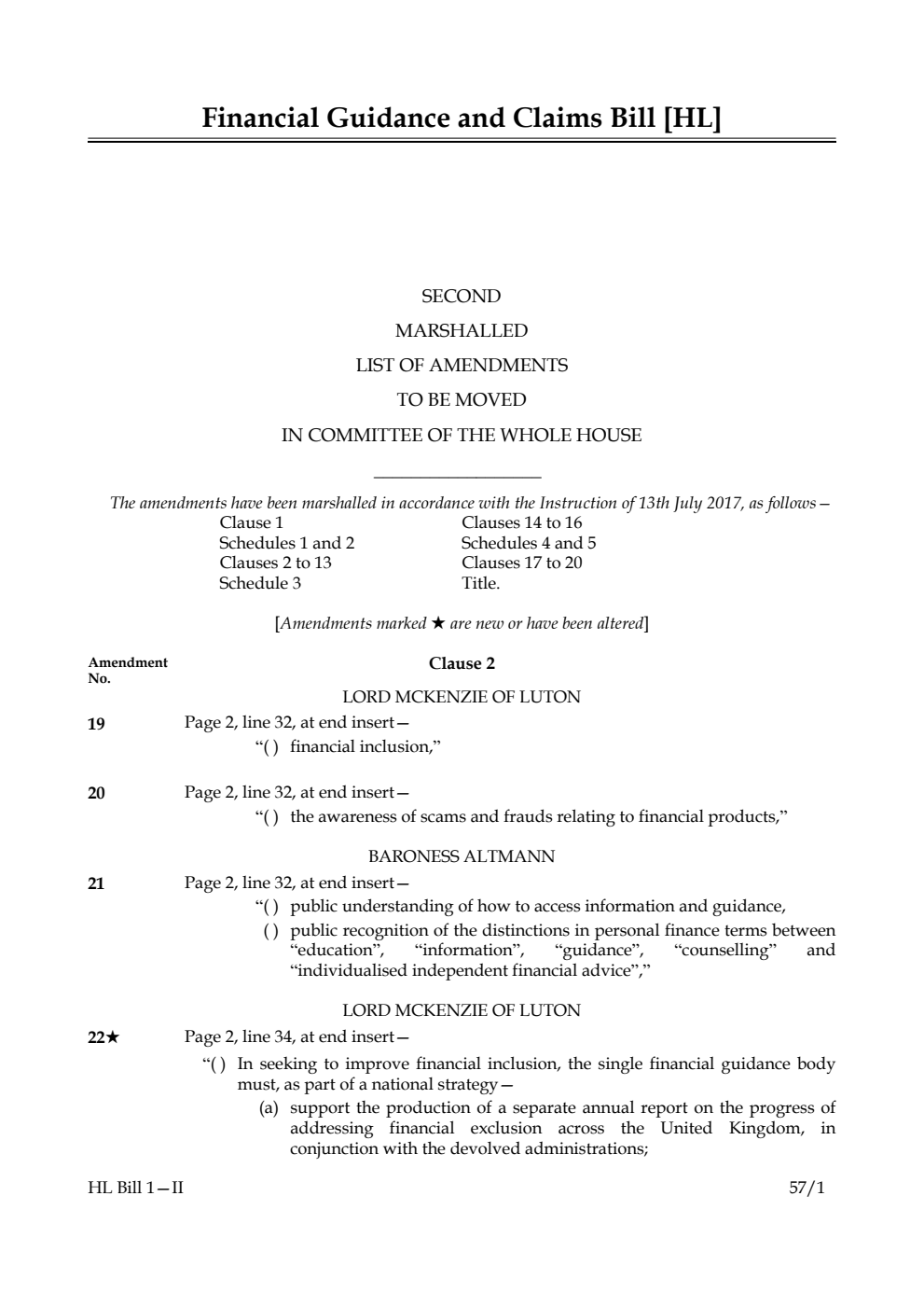 Financial Guidance and Claims Bill Lords Amendments 2nd Marshalled List