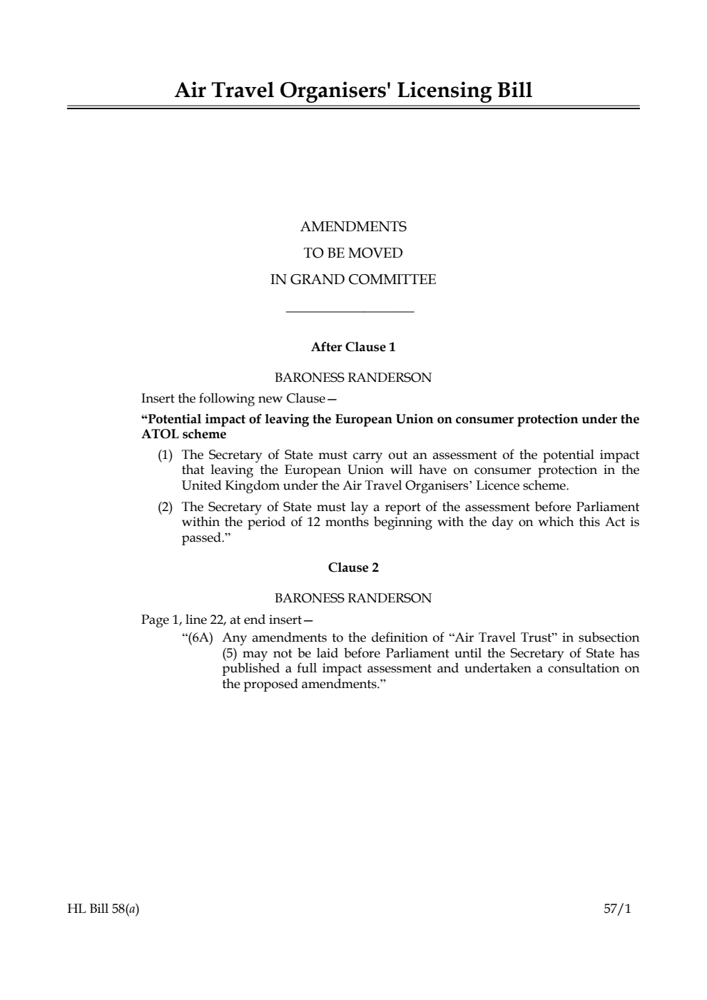 Air Travel Organisers' Licensing Bill Lords Amendments