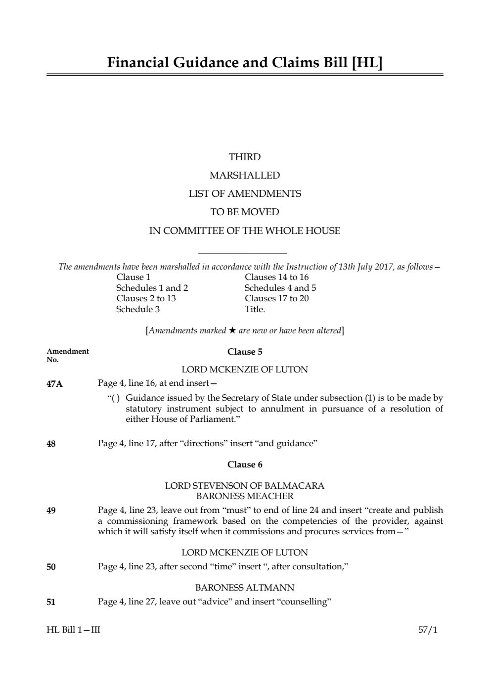 Financial Guidance and Claims Bill Lords Amendments 3rd Marshalled List