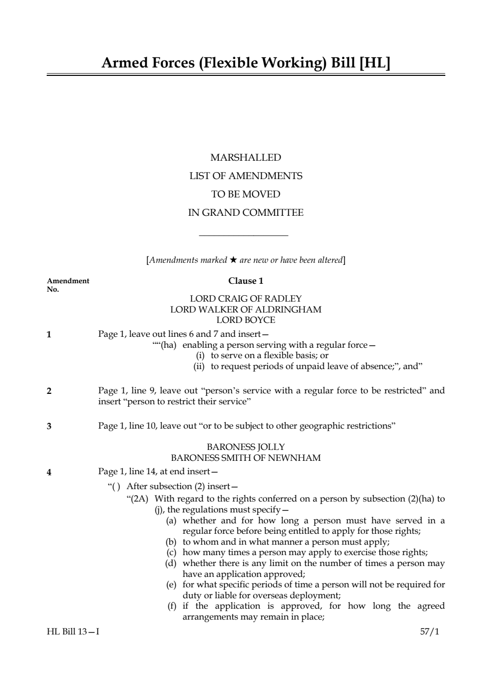 Armed Forces (Flexible Working) Bill Lords Amendments 1st Marshalled List