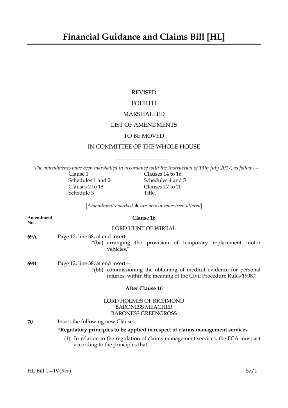 Financial Guidance and Claims Bill Lords Amendments Revised 4th Marshalled List