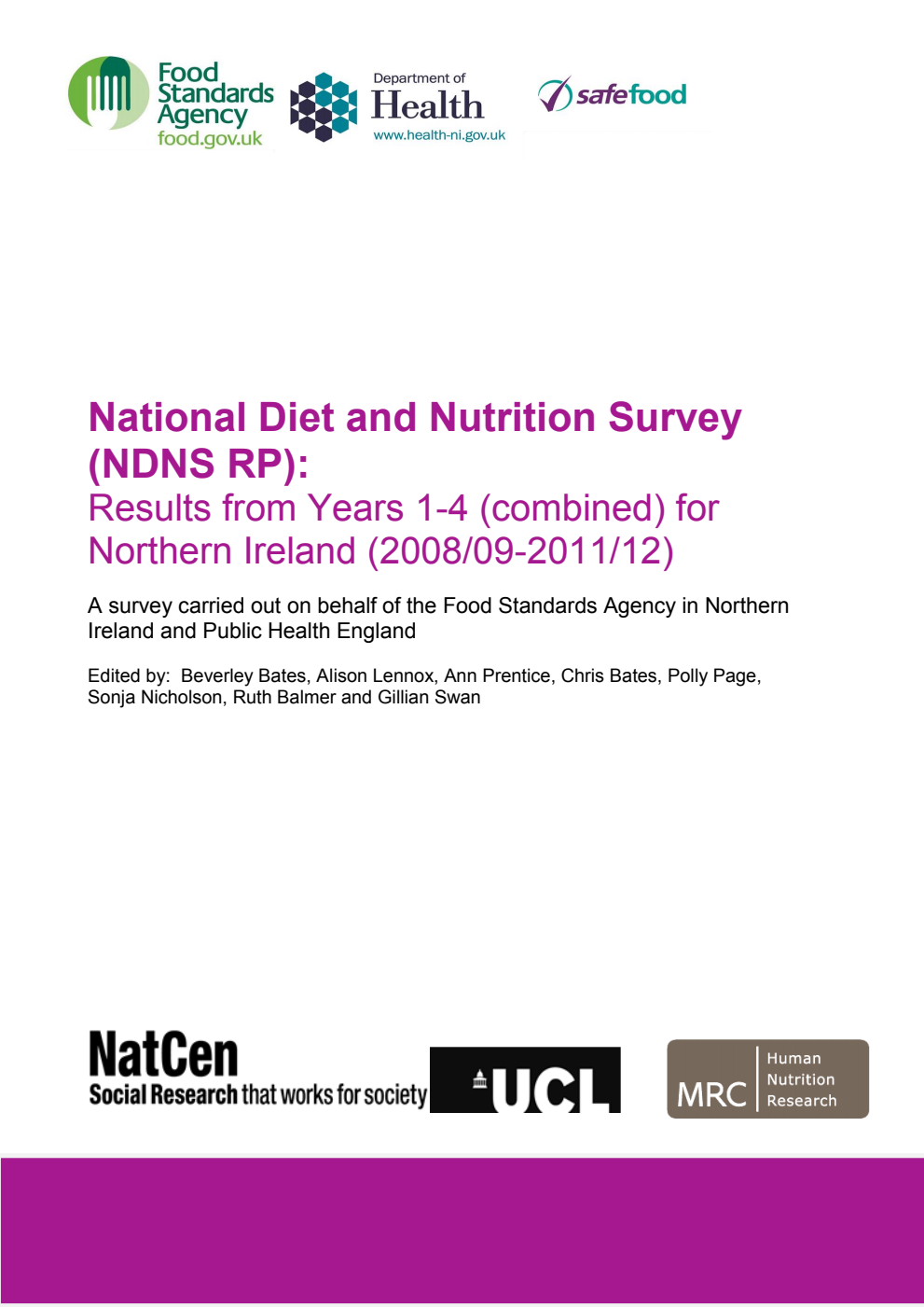 National Diet and Nutrition Survey (NDNS RP): Results from Years 1-4 (combined) for Northern Ireland (2008/09-2011/12)