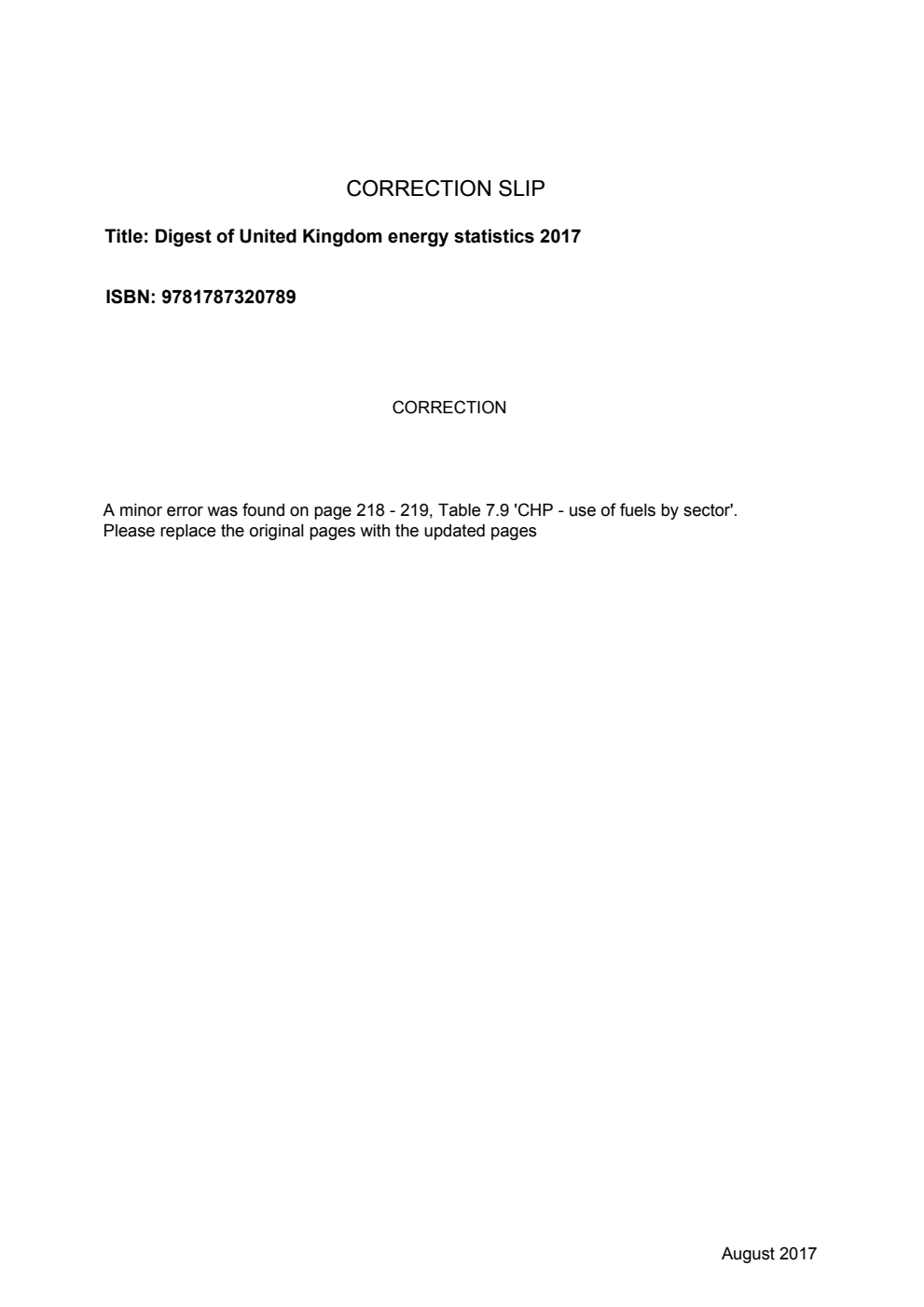 Digest of United Kingdom energy statistics 2017 plus UK Energy In Brief 2017 - Correction Slip