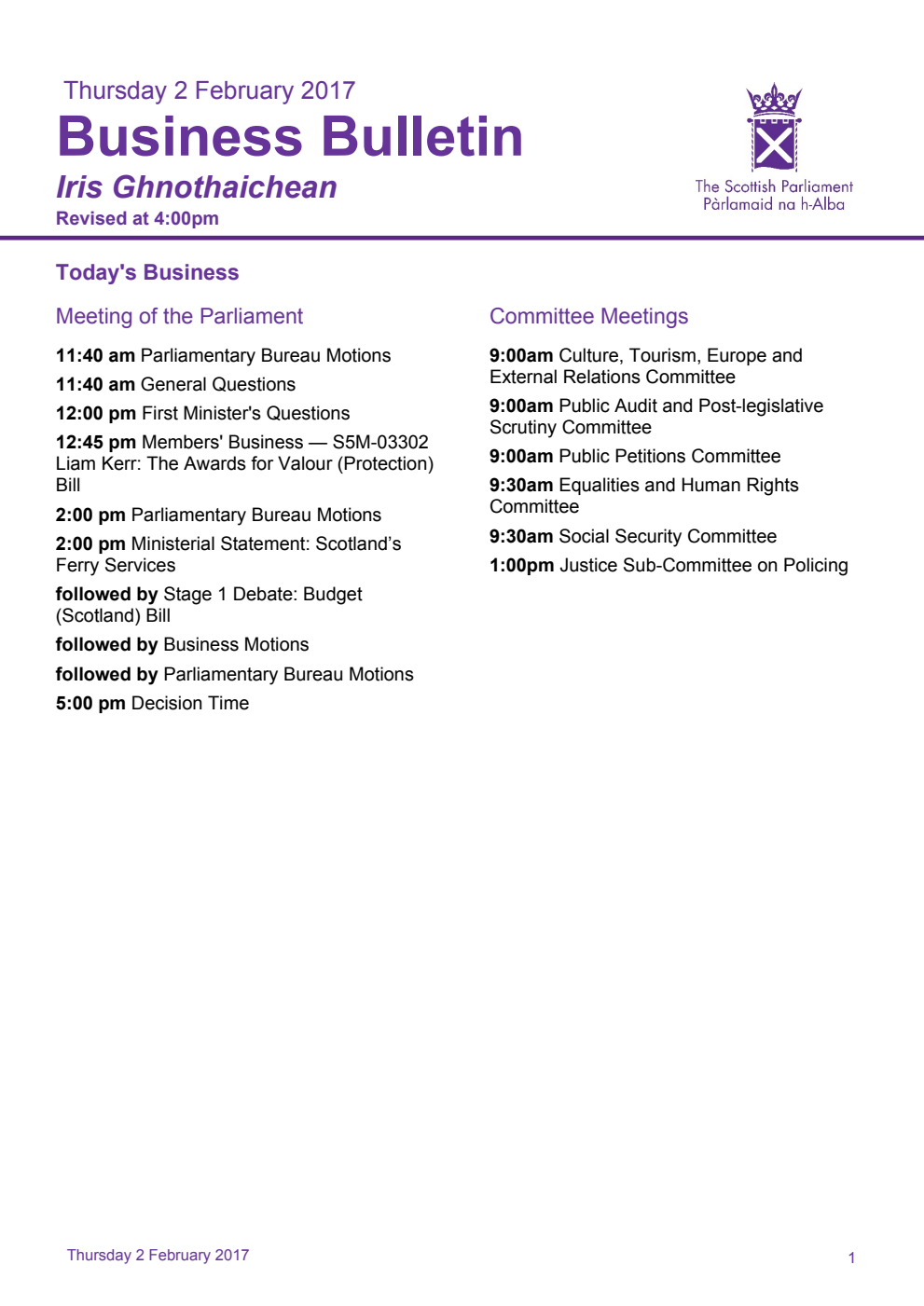 Business Bulletin, Thursday 2nd February 2017, Revised