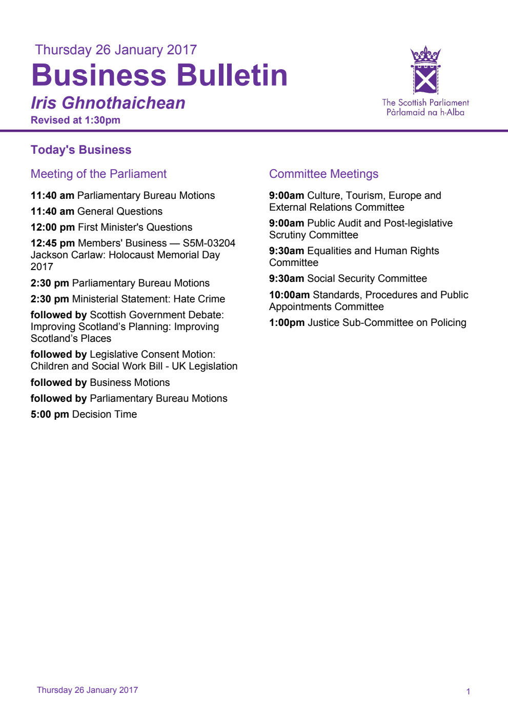 Business Bulletin, Thursday 26th January 2017, Revised