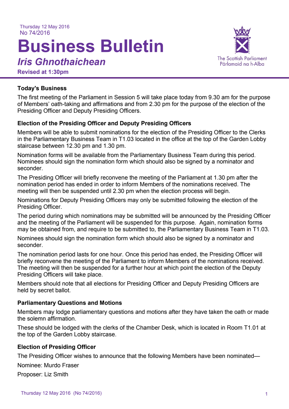 Business Bulletin No. 74/2016, Thursday 12th May 2016, Revised