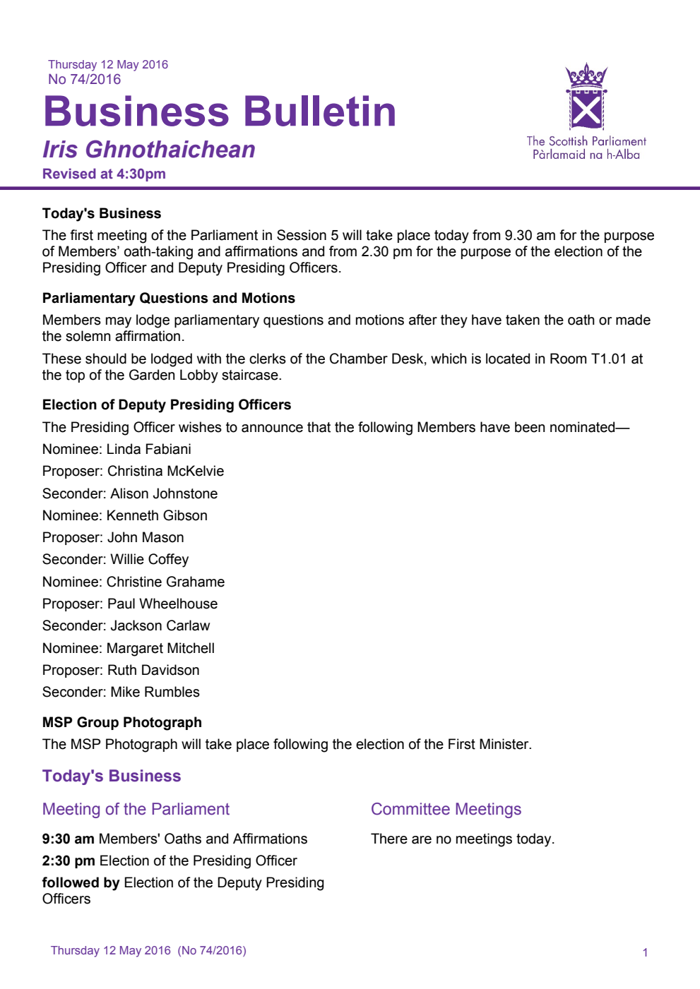 Business Bulletin No. 74/2016, Thursday 12th May 2016, 2nd Revised