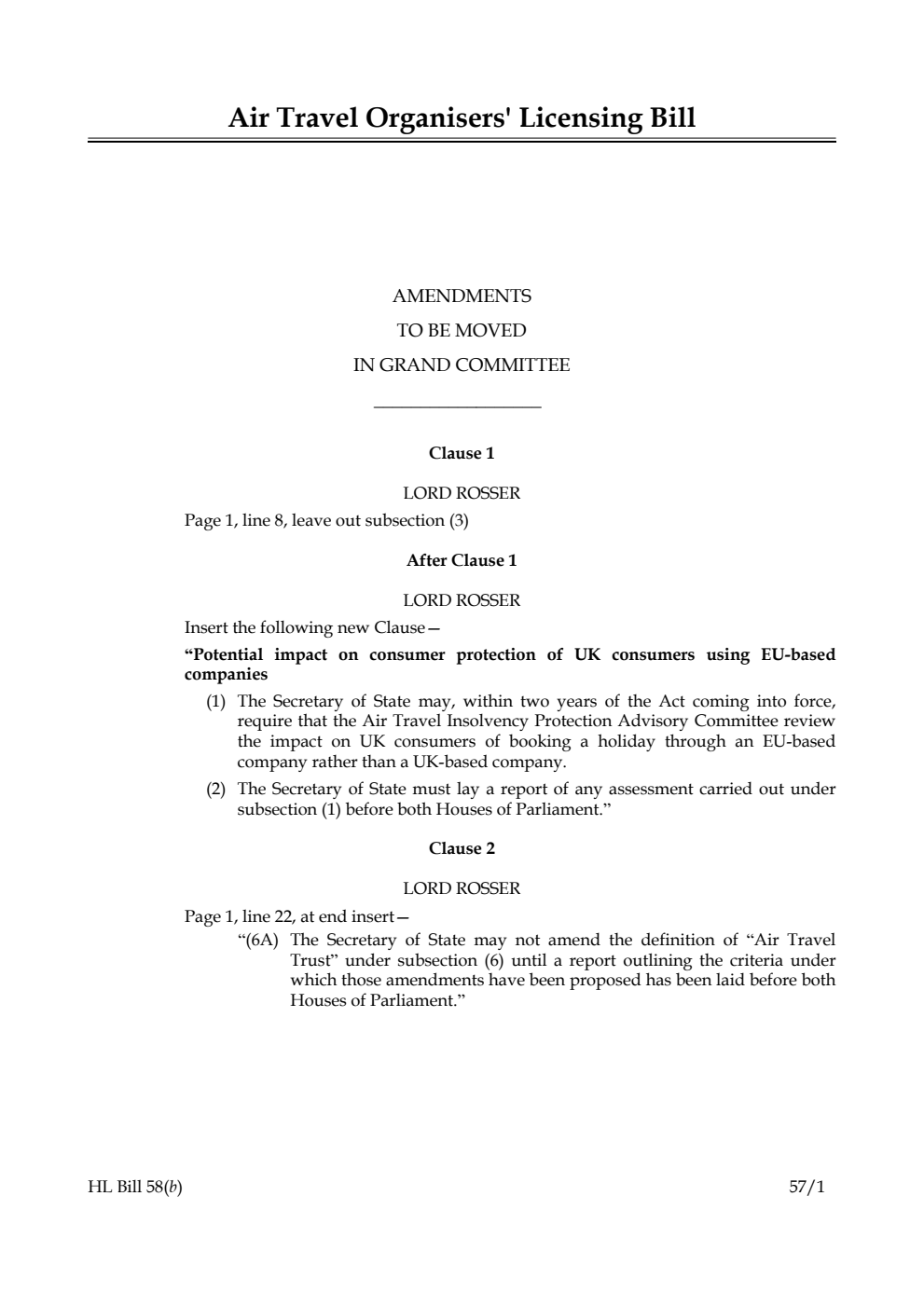 Air Travel Organisers' Licensing Bill Lords Amendments