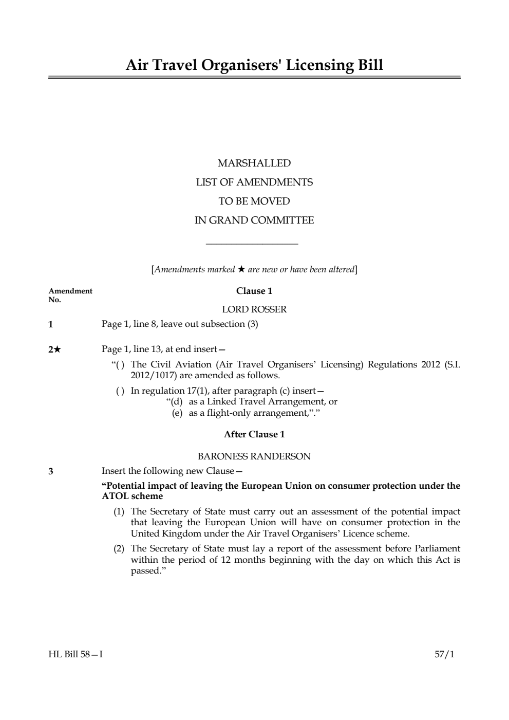 Air Travel Organisers' Licensing Bill Lords Amendments 1st Marshalled List
