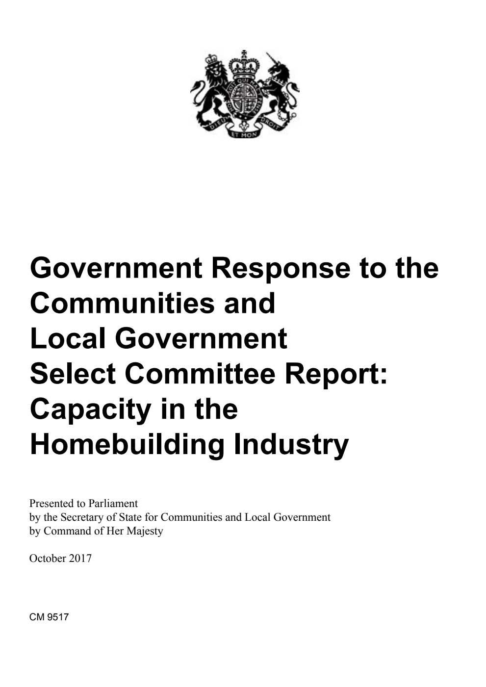 Government Response to the Communities and Local Government Select Committee Report: Capacity in the Homebuilding Industry
