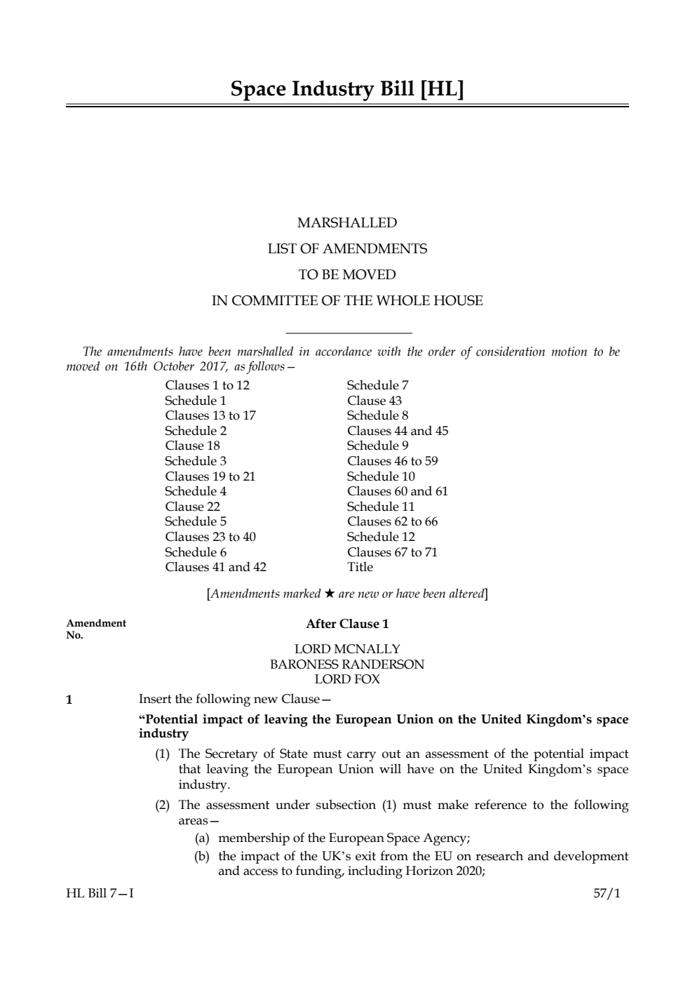 Space Industry Bill Lords Amendments 1st Marshalled List